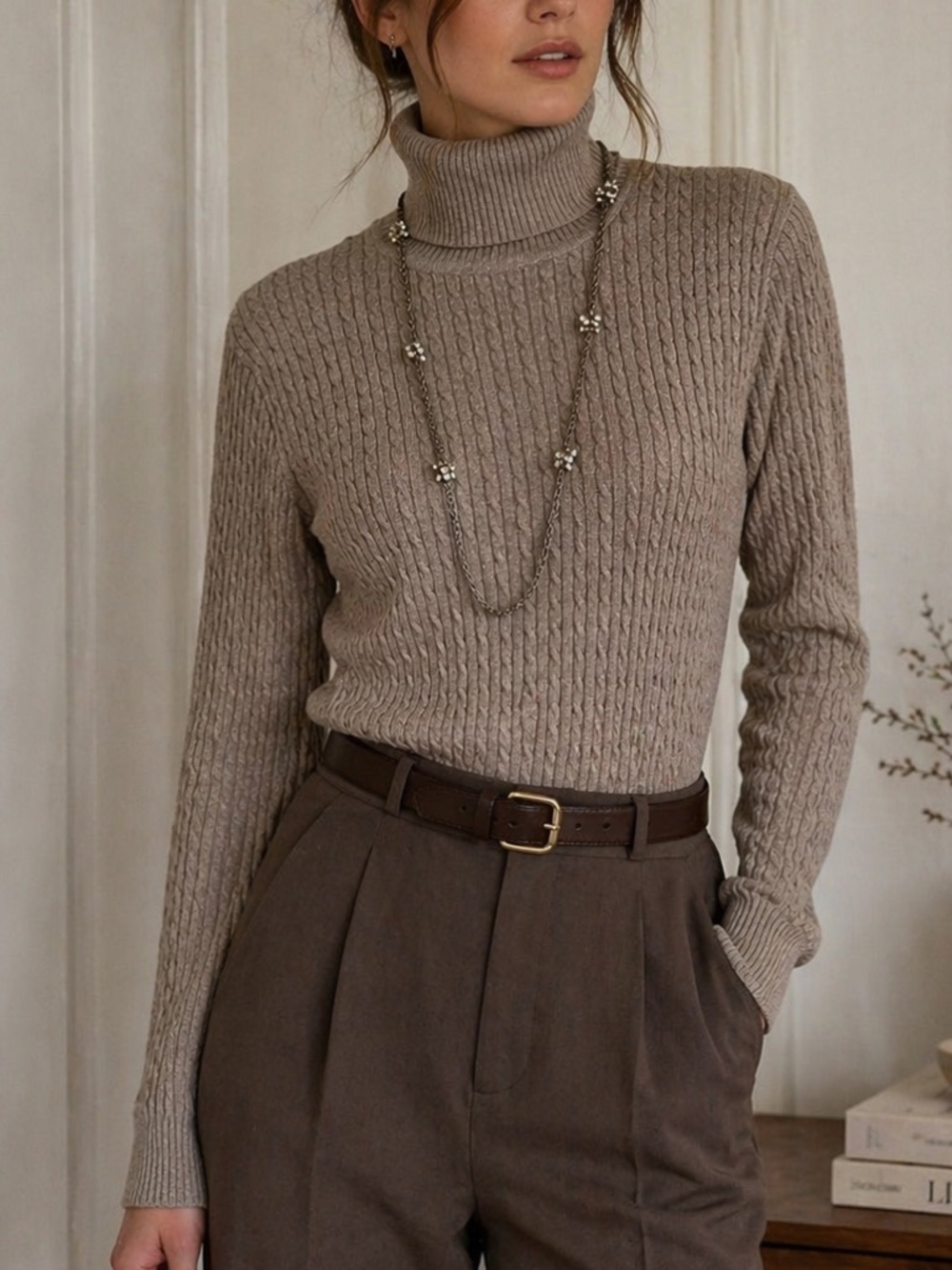 JEANNE PIERRE Taupe Cable-Knit Turtleneck Sweater Classic Ribbed Fitted | Large